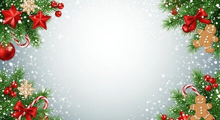 Festive Christmas corner border with evergreen branches, ornaments, candy canes, gingerbread men, and snowflakes, perfect for seasonal greetings.