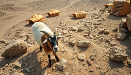 Obraz premium Goat Posing with Desert Tents Providing Shelter in a Rural Landscape