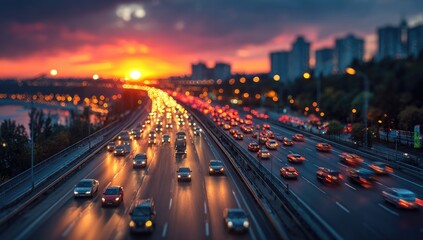 Busy highway at sunset.  City lights blur in motion
