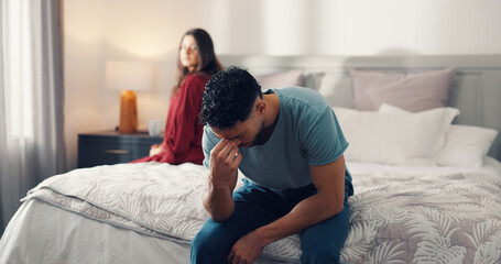 Frustrated man, bed and mistake with regret for cheating affair, fight or confrontation in home....