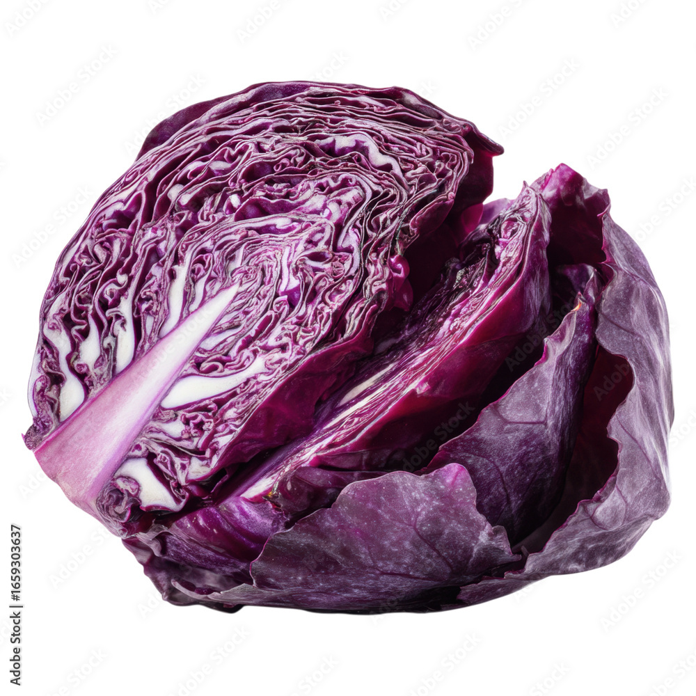 Poster fresh and vibrant purple cabbage cut in half with intricate leaf patterns for culinary use