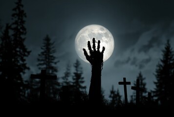 A zombie hand rising from the grave, with nighttime moonlight shining through the trees and fog, and crosses in the background, creating a horror-themed, scary, and detailed, hyper-realistic scene
