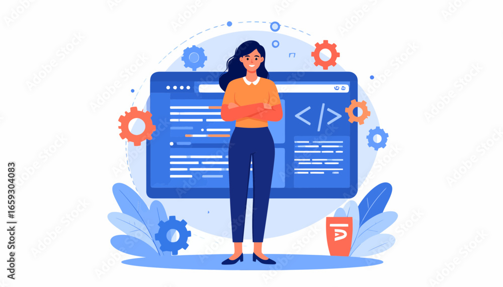 Poster woman standing in front of a computer screen displaying code, with gears and a cup nearby.