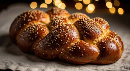 Golden braided challah bread with sesame seeds and blurred festive lights in the background