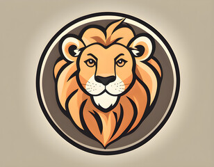 Cute cartoon lion with orange mane and big eyes, smiling on a beige background.