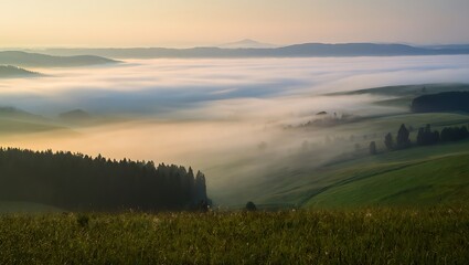 Fototapeta premium Serene Sunrise Over Misty Green Valley: Rolling Hills, Forest, and Peaceful Dawn Landscape Photography