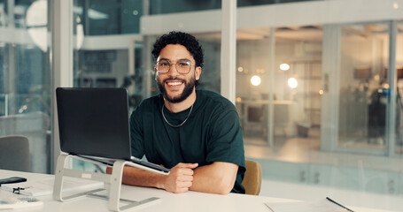 Portrait, business and man with laptop in office for accounting, about us and finance consultant....