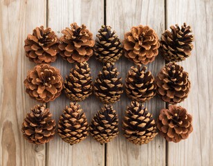 Pine cones arranged on a wooden surface
