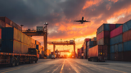 Cargo container shipping sunset industrial transportation airplane logistics freight outdoor travel. Cargo containers stacked shipping port with