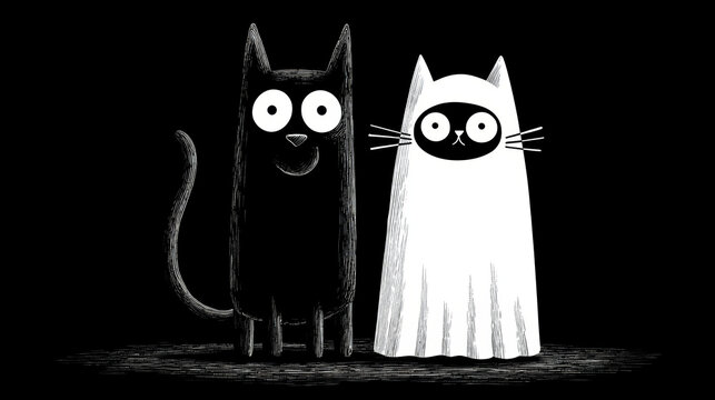 Black cat white cat cartoon Halloween costume animal illustration cute funny spooky standing together dark background playful friendship whiskers