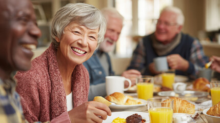 Smiling senior woman breakfast friends orange juice croissant joyful morning together elderly group