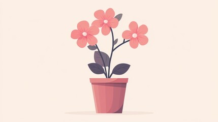 Pink flowers in terracotta pot on a plain background. Illustration for cards, print or web