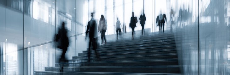 Abstract blurred motion of business people walking on a glass staircase in a modern office building, concept for human resources or a digital work environment.