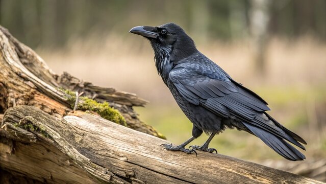 A lone black crow with glossy feathers stands on the green ground near a wild raven perched on a high branch