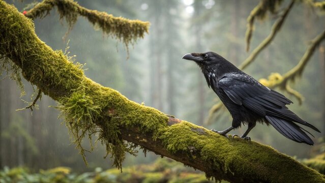 A lone black bird with a prominent beak perches on a bare branch of a tree, its dark feathers blending with the wild forest