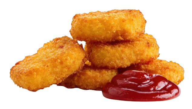 Crispy, golden-brown nuggets stacked high, served with ketchup