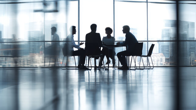 Business meeting office teamwork discussion collaboration professional corporate group modern city view. diverse team sits around table bright