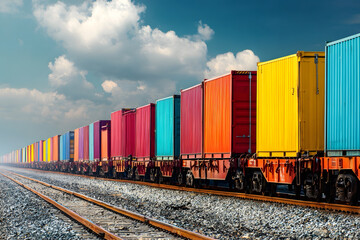 Fototapeta premium A long modern cargo train filled with colorful shipping containers moving on railway tracks, symbolizing global trade, logistics, and transportation industry