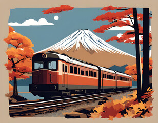 Vintage red train chugging through autumn foliage toward snow-capped Mount Fuji under a full moon.