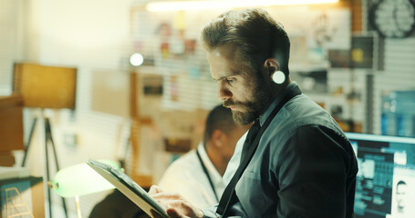 Thinking, tablet and detective in office with typing for research on case with problem solving....