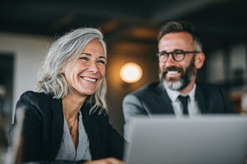Young business man and woman working together in an office, having fun while looking at a computer screen with happy gestures on their hands. the smiling female appears surprised. 