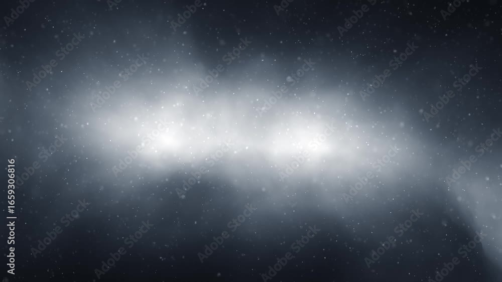 Poster dark blue cloud of fog and smoke with loop flying blurred particles animation background.