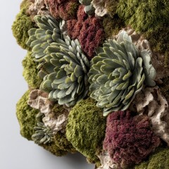 Lush Green Moss and Succulent Arrangement on Textured Wall Surface for Decorative Designs