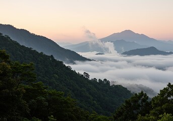 Misty mountain range sunrise over forested hills