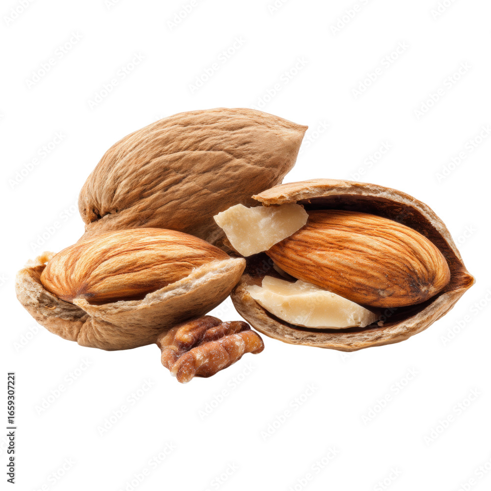 Poster fresh almonds and walnuts in shell with a natural rustic appearance on white background