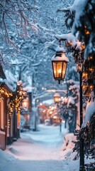 Enchanting Winter Street Scene with Glowing Lantern and Snow-Covered Trees