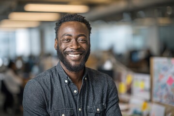 Fototapeta premium Portrait of a cheerful man with standing confidently with arms crossed in a contemporary open-plan office workspace.