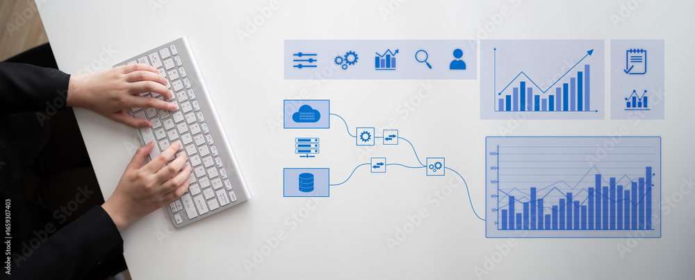 Poster data flow from database and cloud to processing and analytics dashboards, representing data analysis