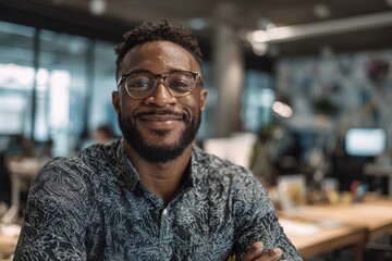 Portrait of a cheerful man with standing confidently with arms crossed in a contemporary open-plan office workspace.