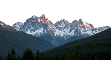 Snow covered mountain peaks with forest and clouds in Mount Rainier National Park