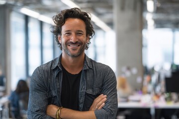Fototapeta premium Portrait of a cheerful man with standing confidently with arms crossed in a contemporary open-plan office workspace.
