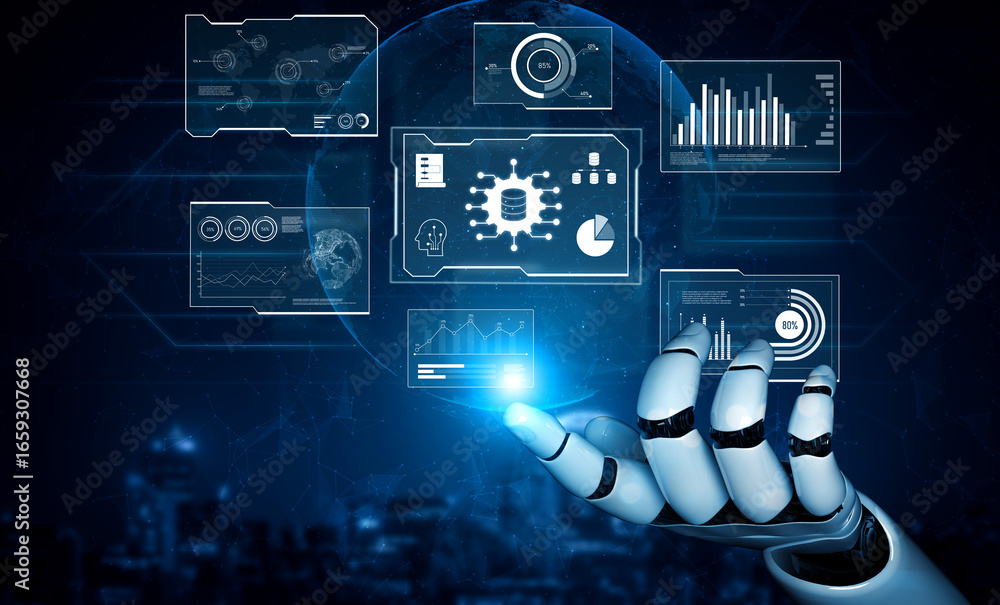 Poster ai reading big data visualization dashboard, analyzing insights, identifying patterns, and generatin