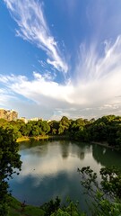 Obraz premium Serene park pond, vibrant sky