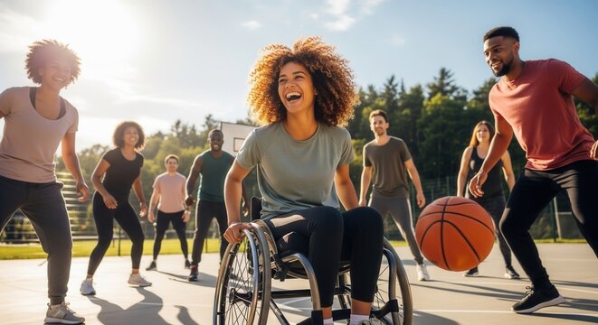 A joyous woman in a wheelchair plays basketball with friends on a sunny outdoor court.