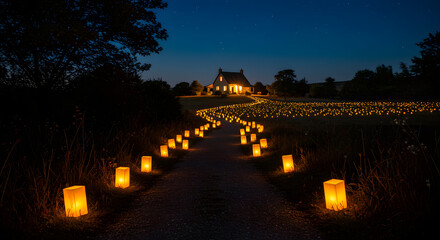 Rural House Glowing with Warm Lanterns Under Starry Night Sky