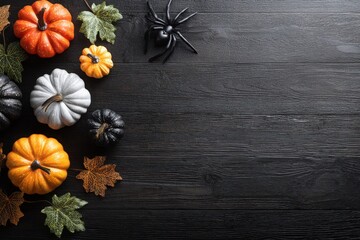 Black wooden background with pumpkins and a spider for a Halloween concept, flat lay top view with copy space