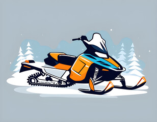 White and orange snowmobile with skis, moving on snow against a gray background.