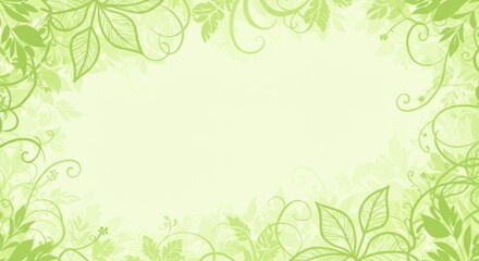 A bright, light-green and pastel-yellow background features leafy vines, curls and outlined leaves, creating a frame for an empty, central space