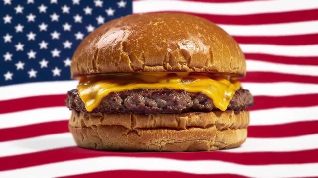 A cheeseburger in front of an american flag with confetti in the background