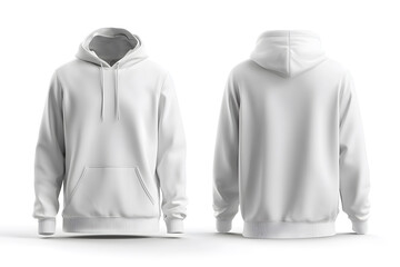 Mockup photo of front and back view of a white hoodie with an isolated white background