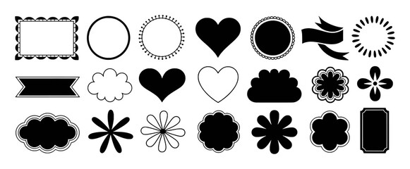 Assortment of Black and White Decorative Frames Ribbons and Flowers on White Background
