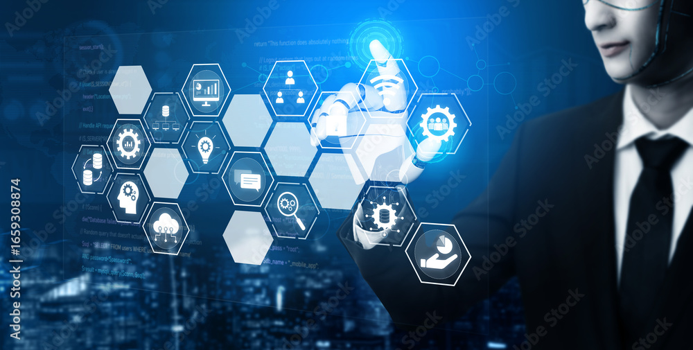 Poster ai managing integrated business system, analyzing data, securing digital infrastructure, connecting 