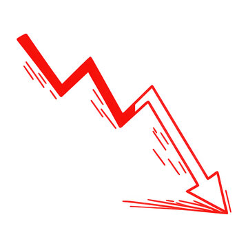 Vibrant red jagged downward trend arrow illustrating financial decline and market downturn isolated on transparent background