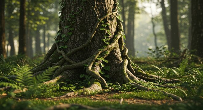 Root-bound tree trunk wrapped in vines amidst a sunlit forest, ferns and foliage abundant below