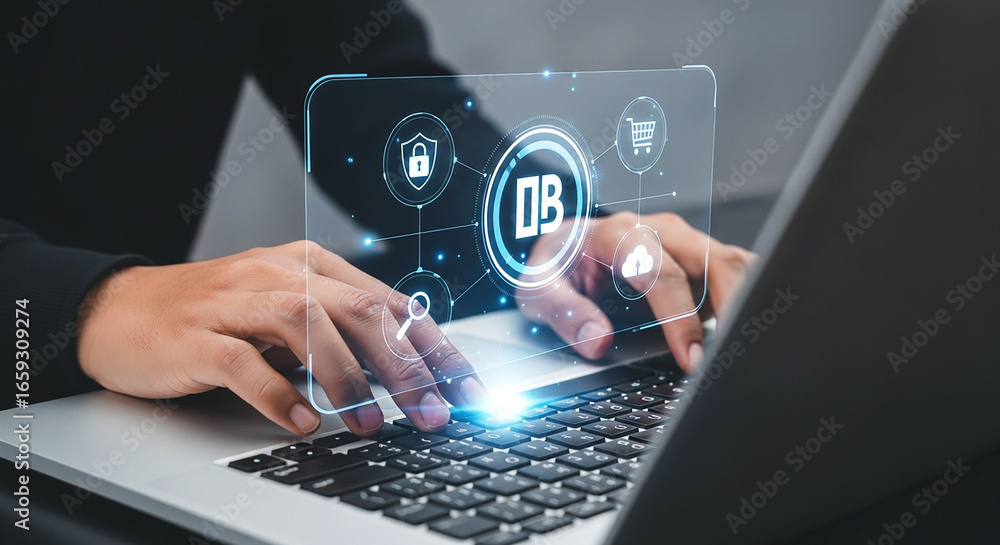 Fototapete person using laptop with database interface overlay showing security and shopping cart icons connect