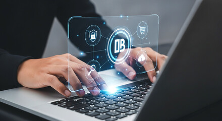 Person using laptop with database interface overlay showing security and shopping cart icons connected